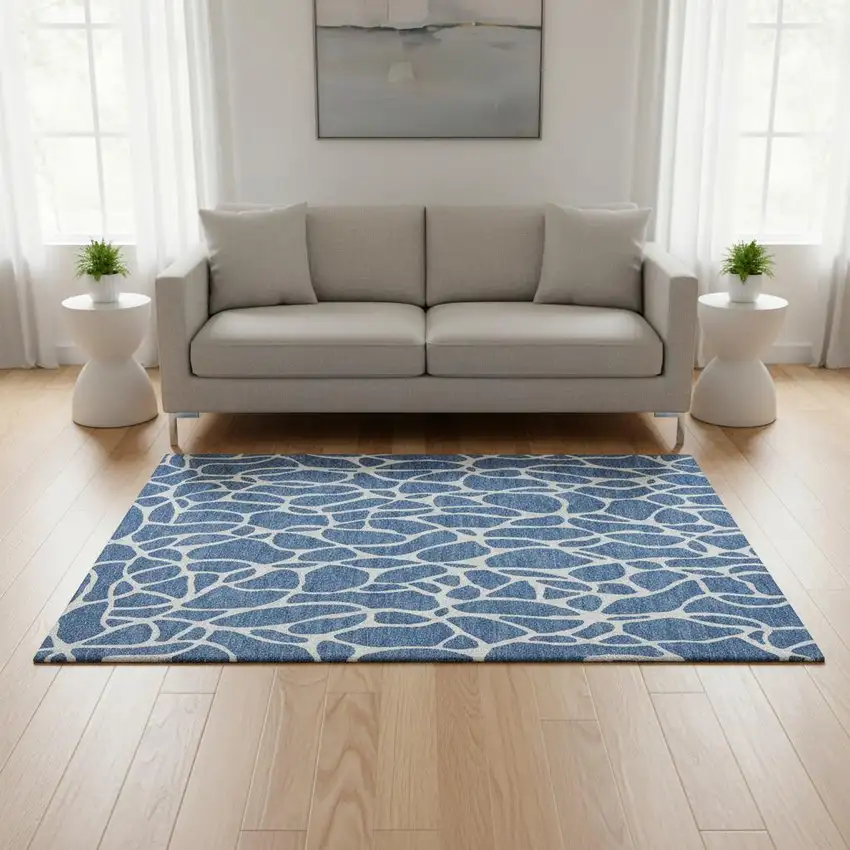 Blue And Ivory Geometric Washable Area Rug With UV Protection Photo 2