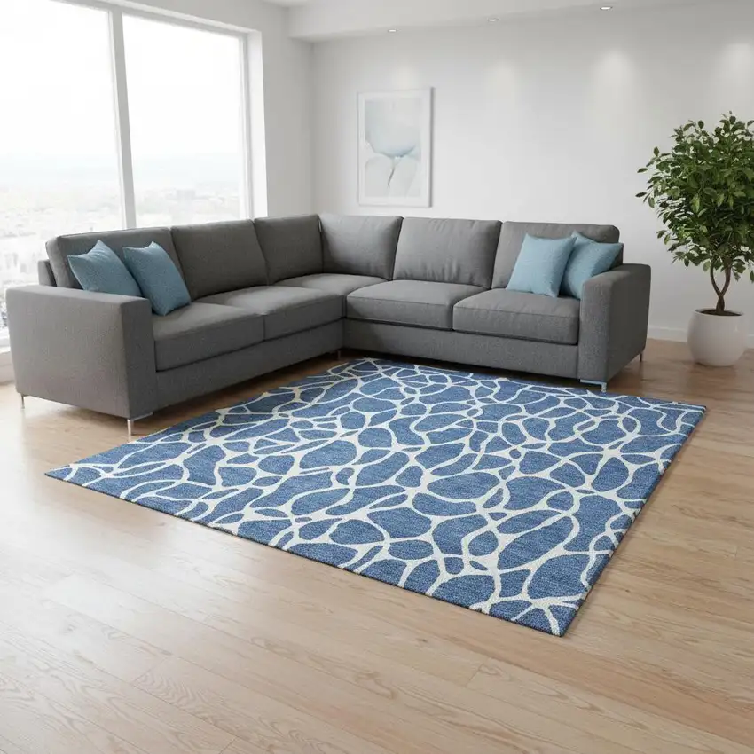 Blue And Ivory Geometric Washable Area Rug With UV Protection Photo 2