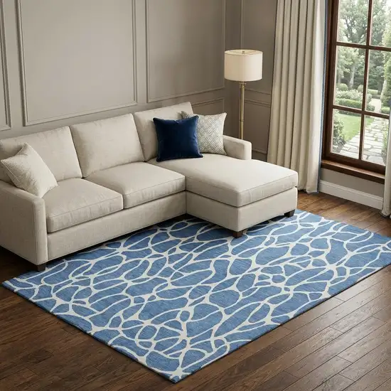 Blue And Ivory Geometric Washable Area Rug With UV Protection Photo 1