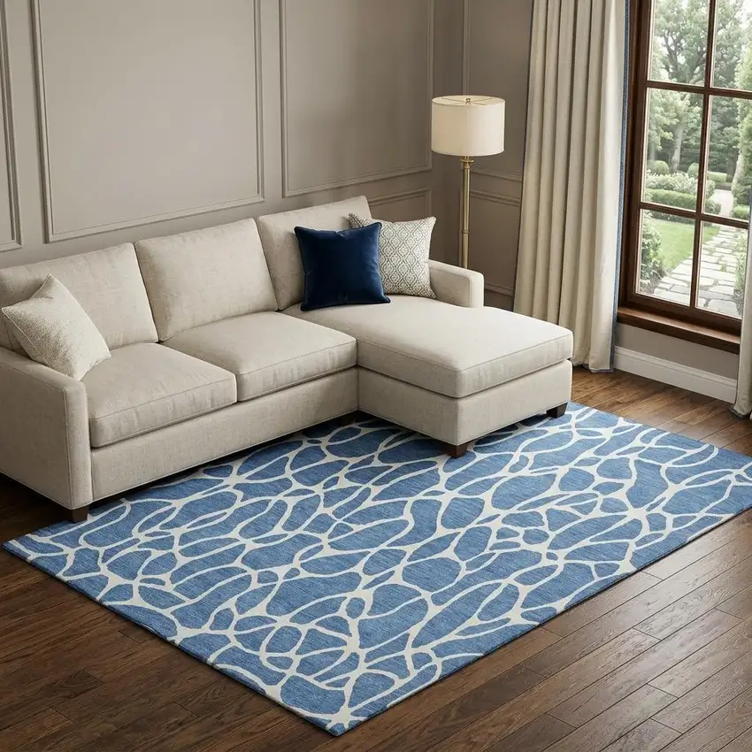 Blue And Ivory Geometric Washable Area Rug With UV Protection Photo 1