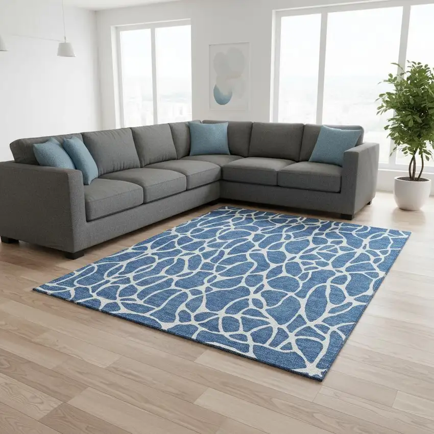 Blue And Ivory Geometric Washable Area Rug With UV Protection Photo 2