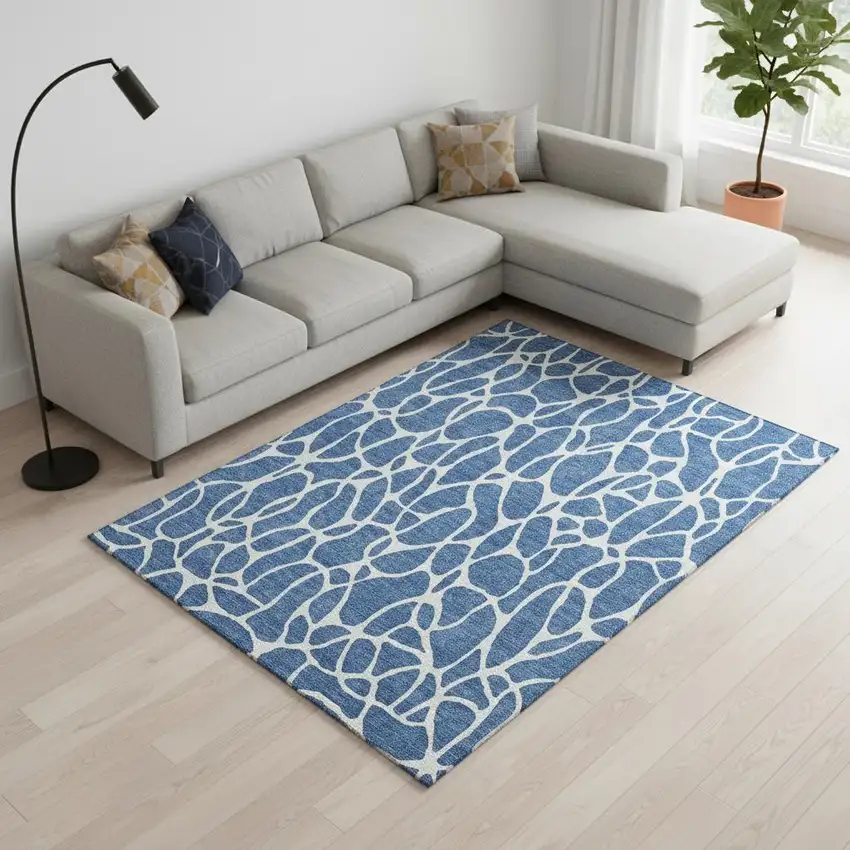 Blue And Ivory Geometric Washable Area Rug With UV Protection Photo 2