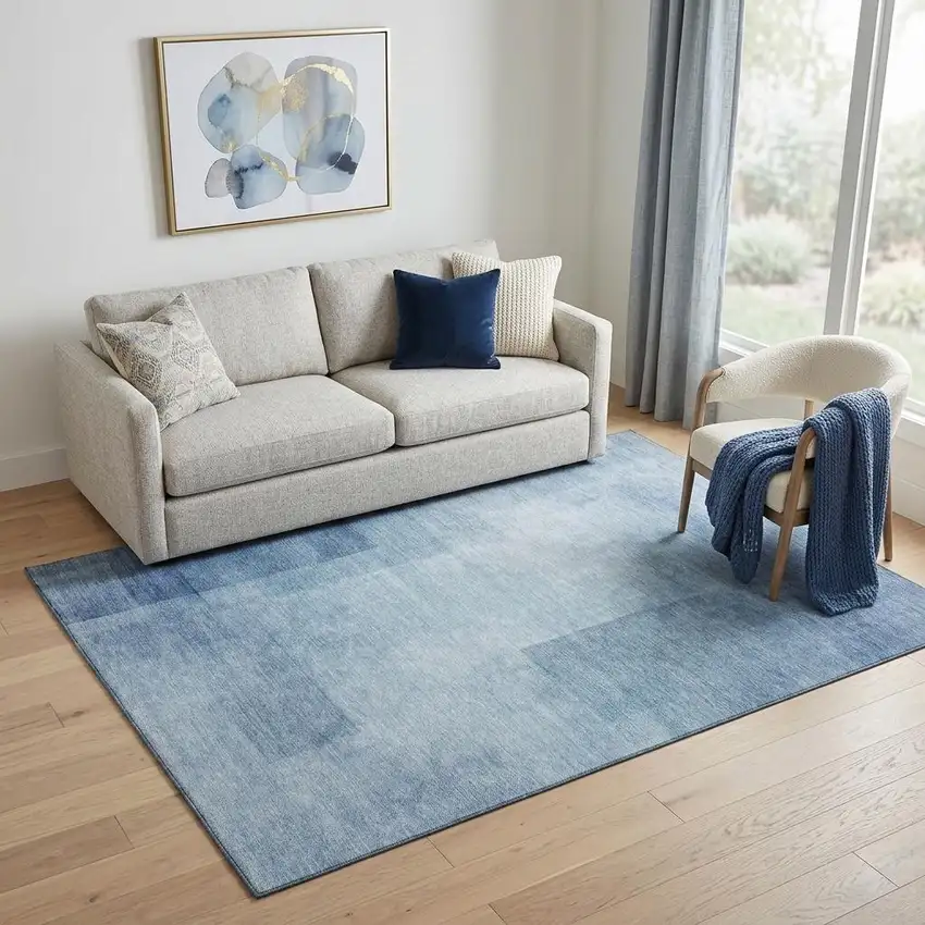 Blue And Ivory Geometric Washable Area Rug With UV Protection Photo 1