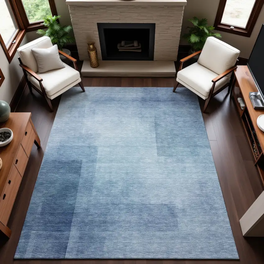Blue And Ivory Geometric Washable Area Rug With UV Protection Photo 3