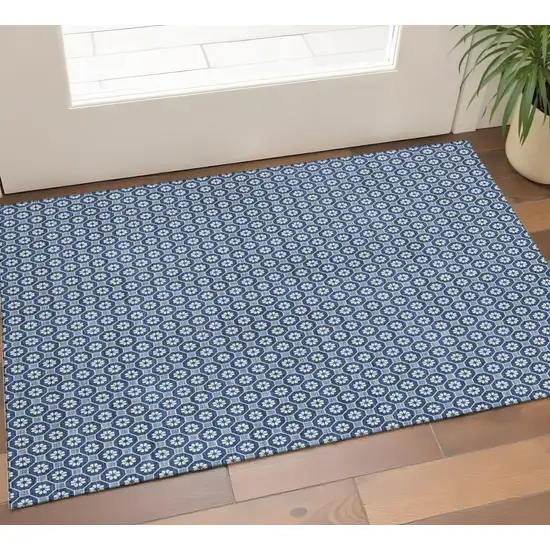 Blue And Ivory Geometric Washable Area Rug With UV Protection Photo 1