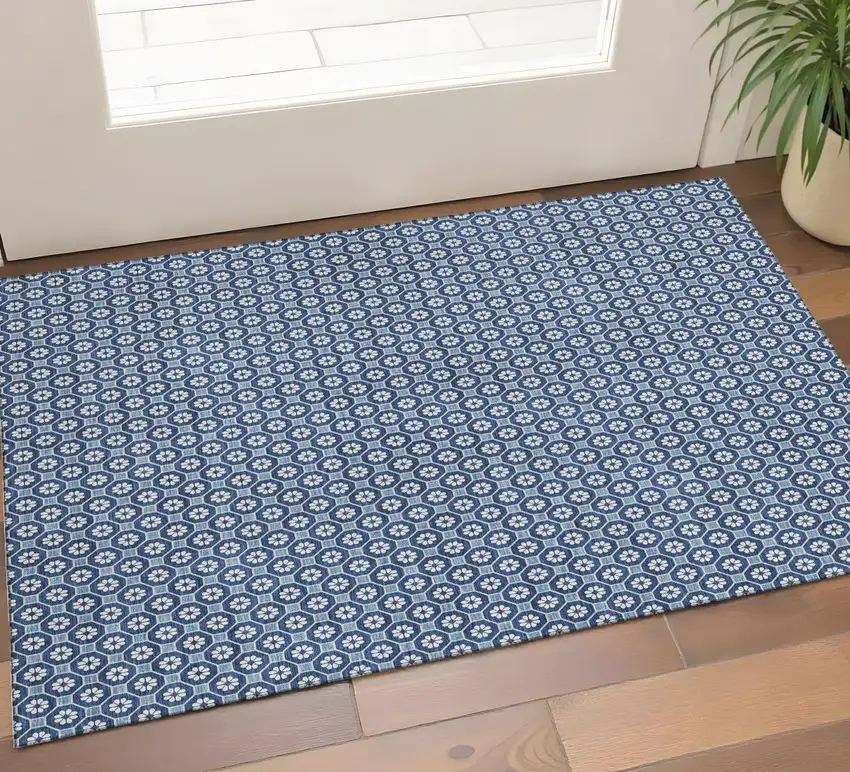 Blue And Ivory Geometric Washable Area Rug With UV Protection Photo 1