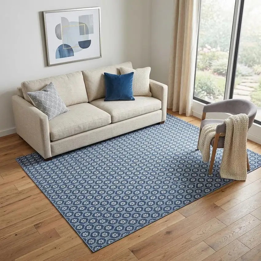 Blue And Ivory Geometric Washable Area Rug With UV Protection Photo 1