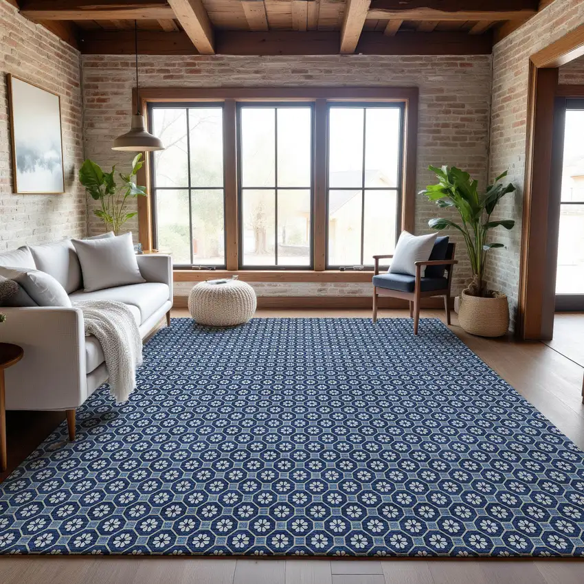 Blue And Ivory Geometric Washable Area Rug With UV Protection Photo 5