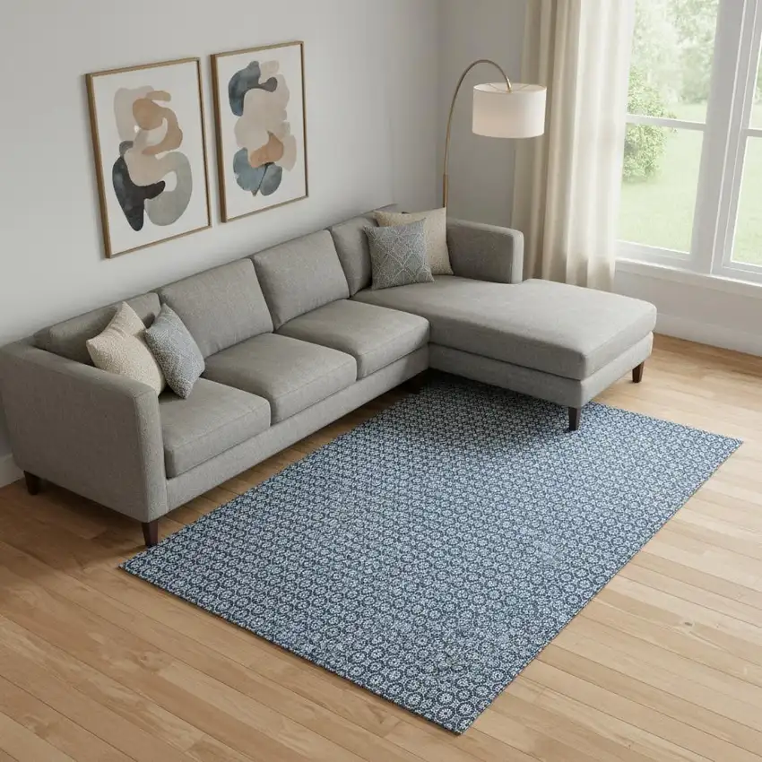 Blue And Ivory Geometric Washable Area Rug With UV Protection Photo 2