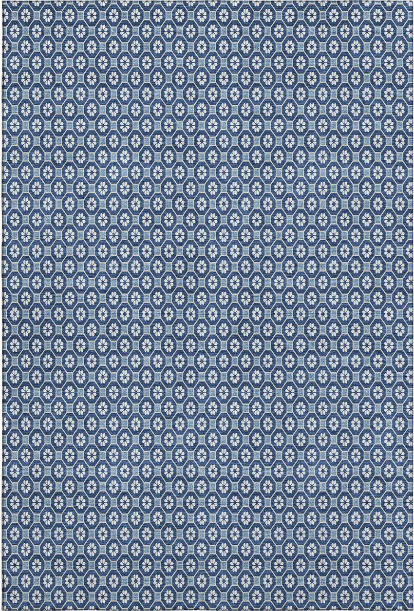 Blue And Ivory Geometric Washable Area Rug With UV Protection Photo 1