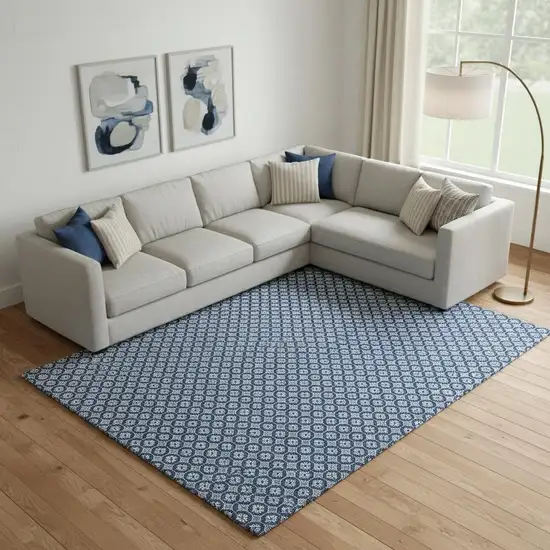 Blue And Ivory Geometric Washable Area Rug With UV Protection Photo 2