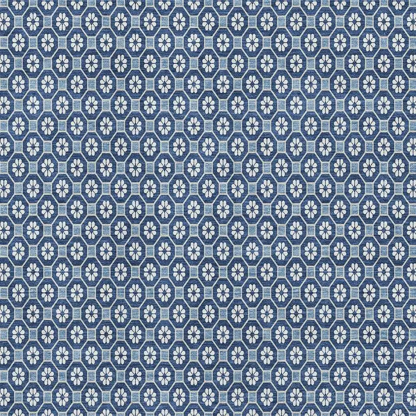 Blue And Ivory Geometric Washable Area Rug With UV Protection Photo 2