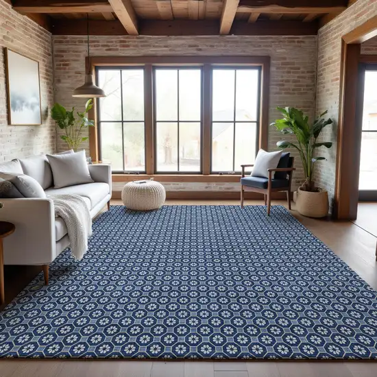 Blue And Ivory Geometric Washable Area Rug With UV Protection Photo 5