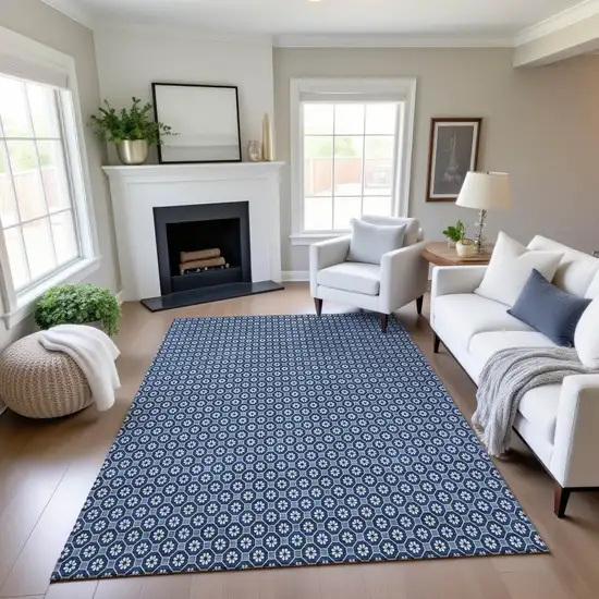 Blue And Ivory Geometric Washable Area Rug With UV Protection Photo 4