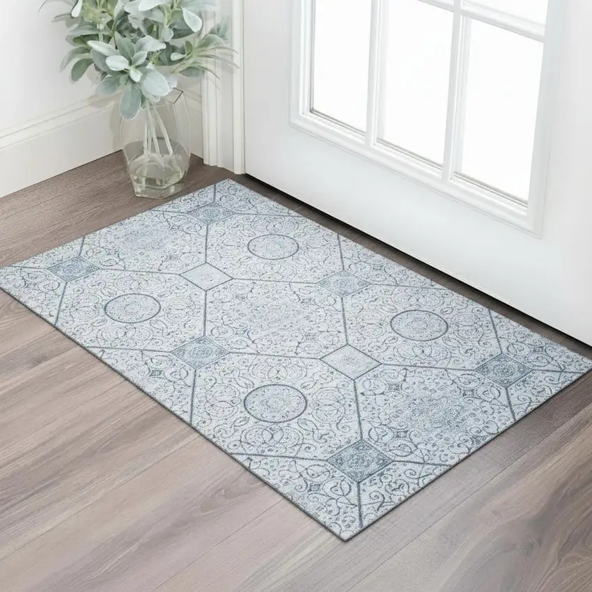 Blue And Ivory Geometric Washable Area Rug With UV Protection Photo 2