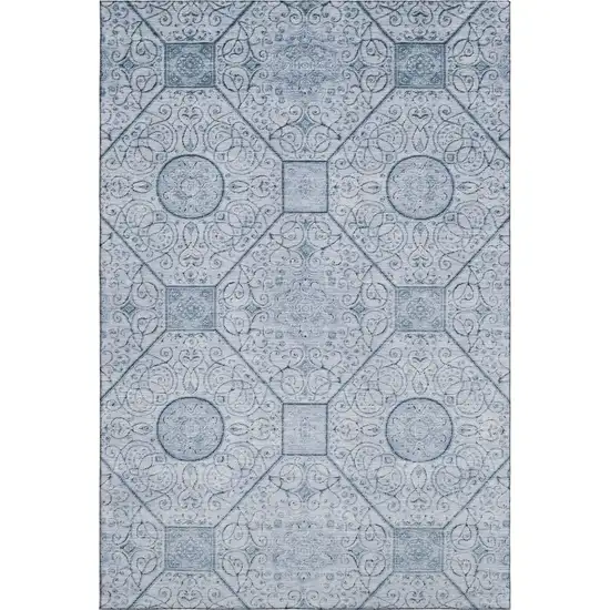Blue And Ivory Geometric Washable Area Rug With UV Protection Photo 1