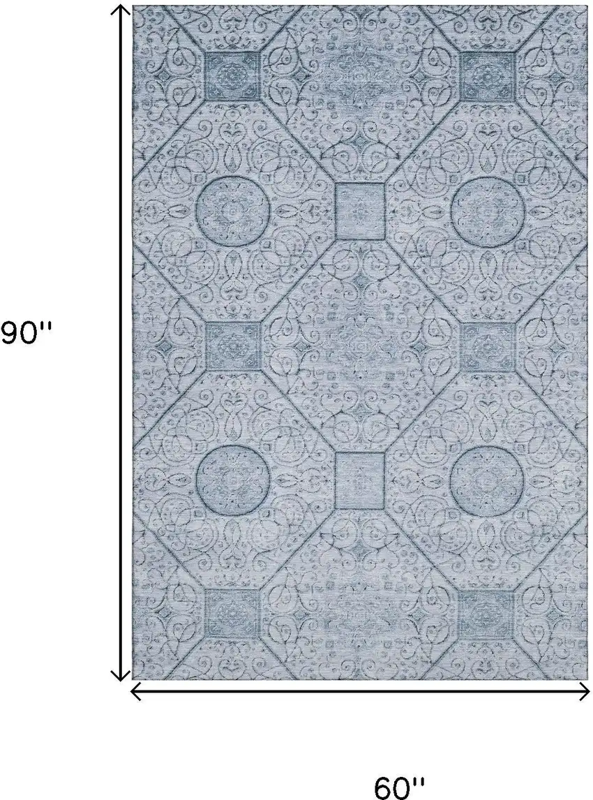 Blue And Ivory Geometric Washable Area Rug With UV Protection Photo 9
