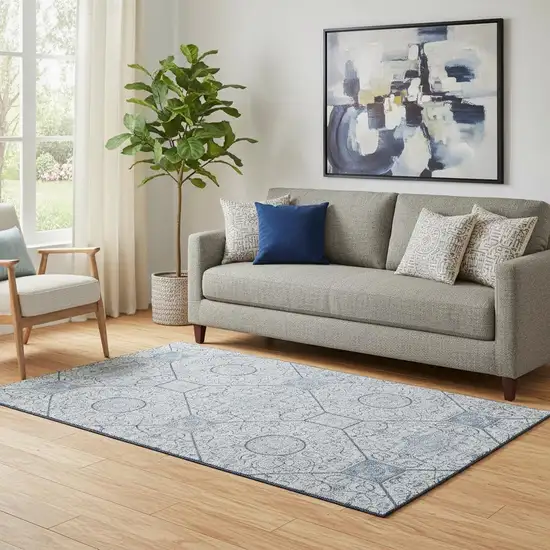 Blue And Ivory Geometric Washable Area Rug With UV Protection Photo 2