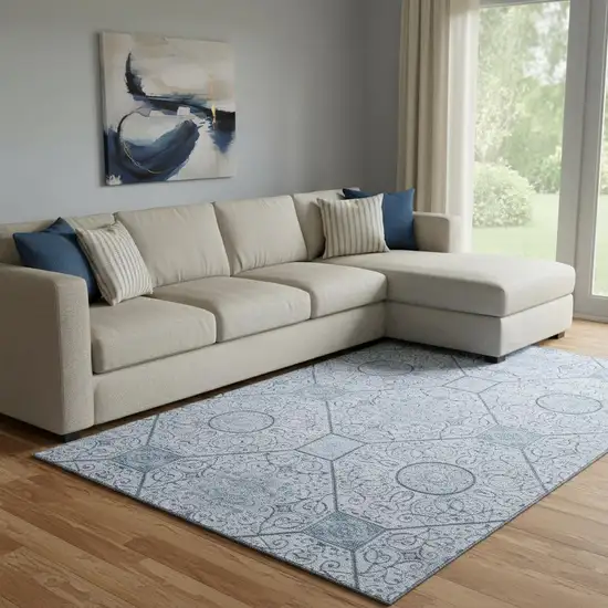 Blue And Ivory Geometric Washable Area Rug With UV Protection Photo 2