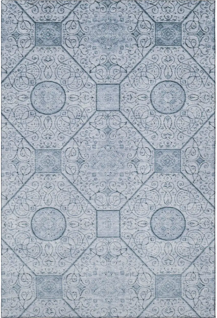 Blue And Ivory Geometric Washable Area Rug With UV Protection Photo 3