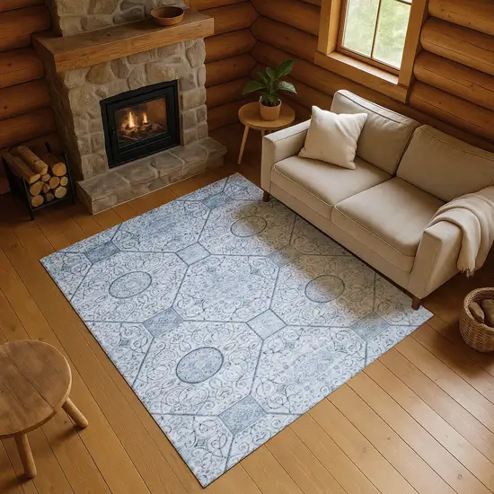 Blue And Ivory Geometric Washable Area Rug With UV Protection Photo 4