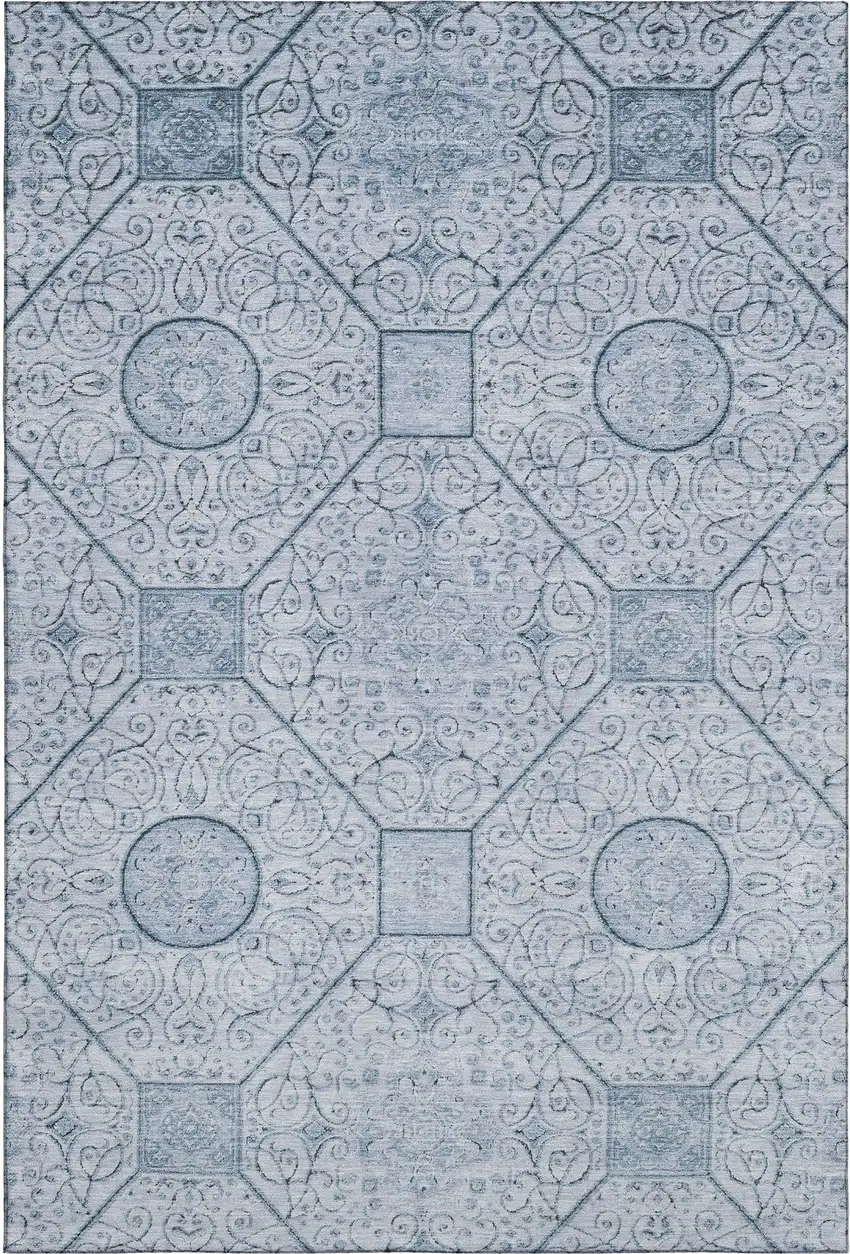 Blue And Ivory Geometric Washable Area Rug With UV Protection Photo 1