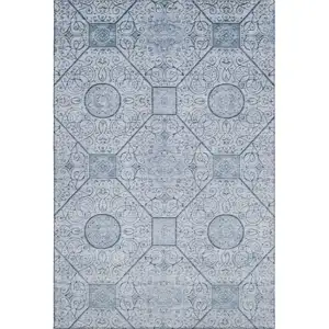 Photo of Blue And Ivory Geometric Washable Area Rug With UV Protection