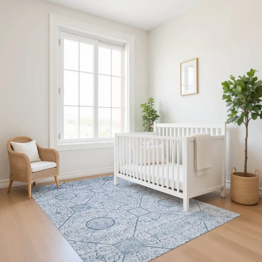 Blue And Ivory Geometric Washable Area Rug With UV Protection Photo 5