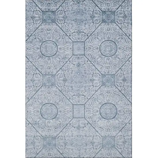 Blue And Ivory Geometric Washable Area Rug With UV Protection Photo 3
