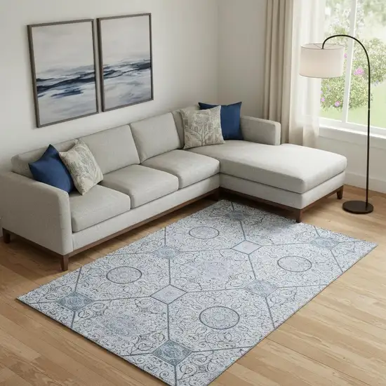 Blue And Ivory Geometric Washable Area Rug With UV Protection Photo 2