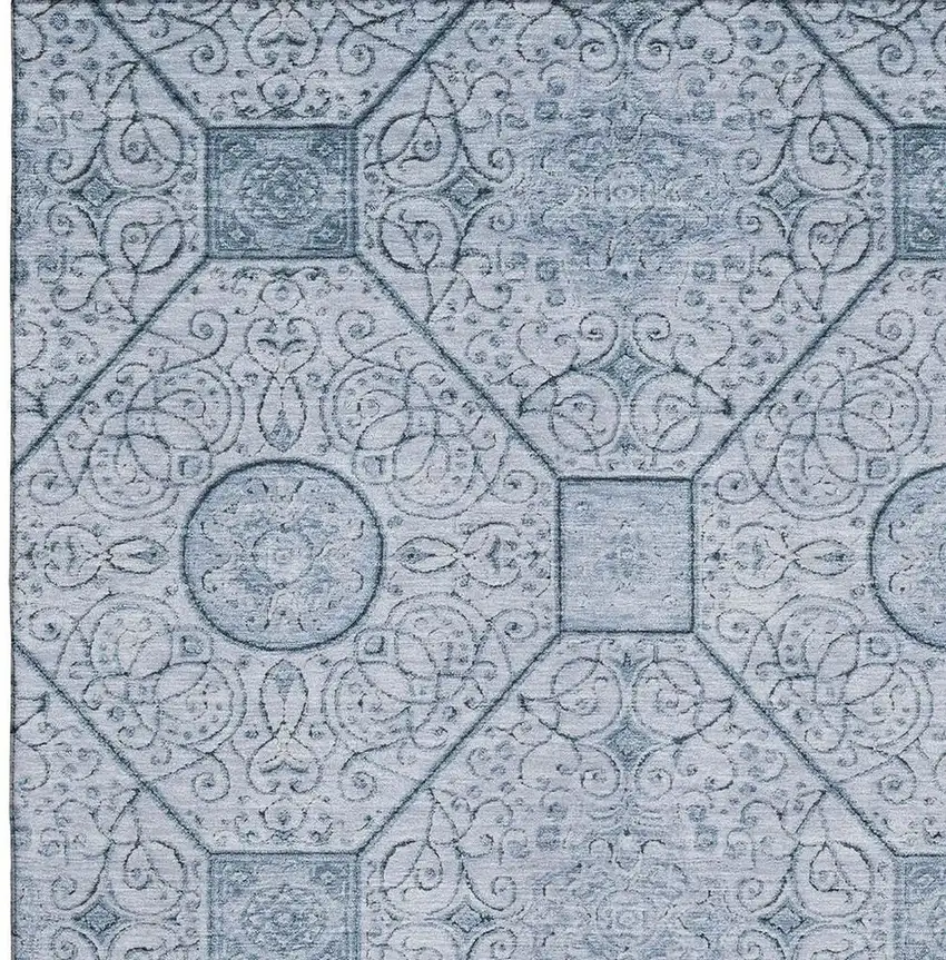 Blue And Ivory Geometric Washable Area Rug With UV Protection Photo 2