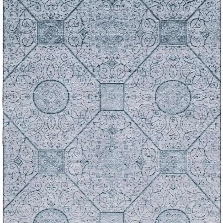 Blue And Ivory Geometric Washable Area Rug With UV Protection Photo 4