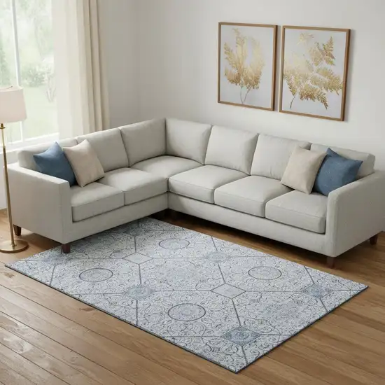 Blue And Ivory Geometric Washable Area Rug With UV Protection Photo 2