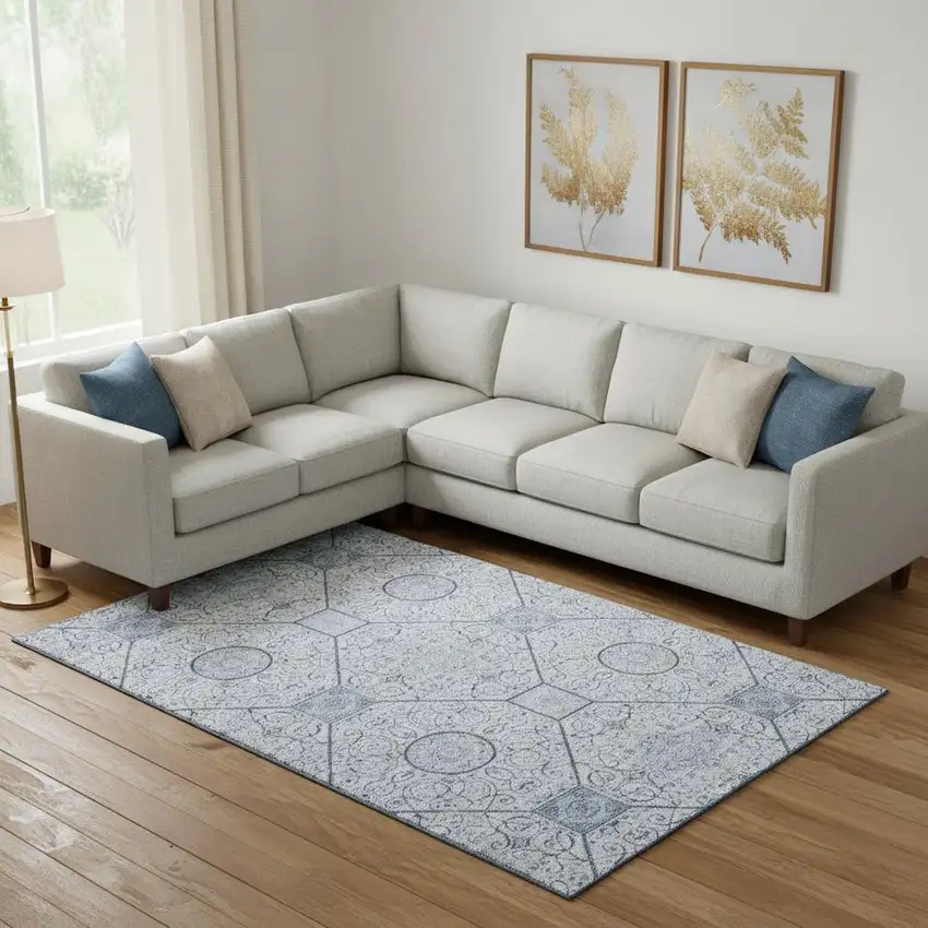 Blue And Ivory Geometric Washable Area Rug With UV Protection Photo 2