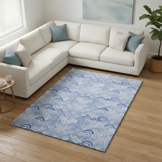 Blue And Ivory Geometric Washable Area Rug With UV Protection Photo 1