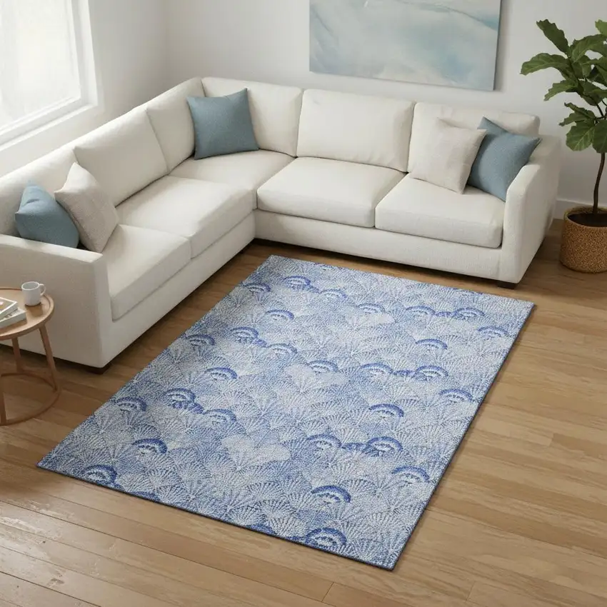 Blue And Ivory Geometric Washable Area Rug With UV Protection Photo 1