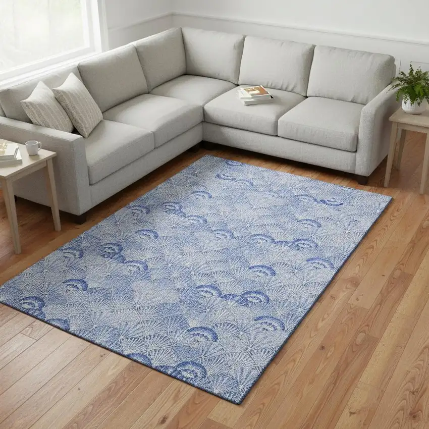 Blue And Ivory Geometric Washable Area Rug With UV Protection Photo 1