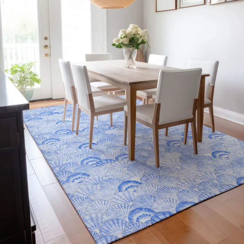 Blue And Ivory Geometric Washable Area Rug With UV Protection Photo 5