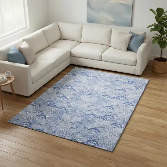 Blue And Ivory Geometric Washable Area Rug With UV Protection Photo 1