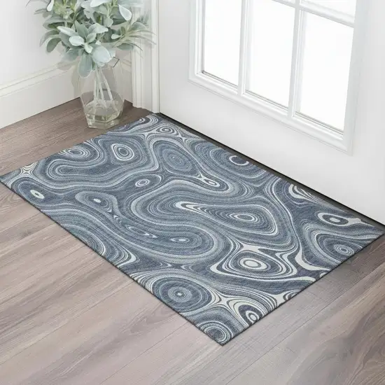 Blue And Ivory Geometric Washable Area Rug With UV Protection Photo 2