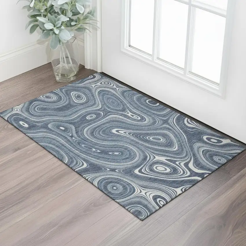 Blue And Ivory Geometric Washable Area Rug With UV Protection Photo 2