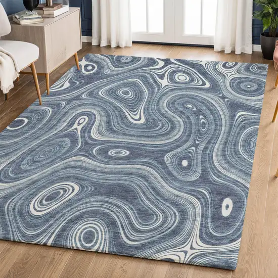 Blue And Ivory Geometric Washable Area Rug With UV Protection Photo 6