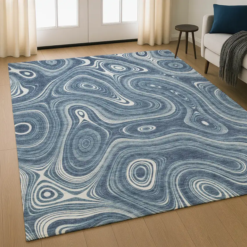 Blue And Ivory Geometric Washable Area Rug With UV Protection Photo 5