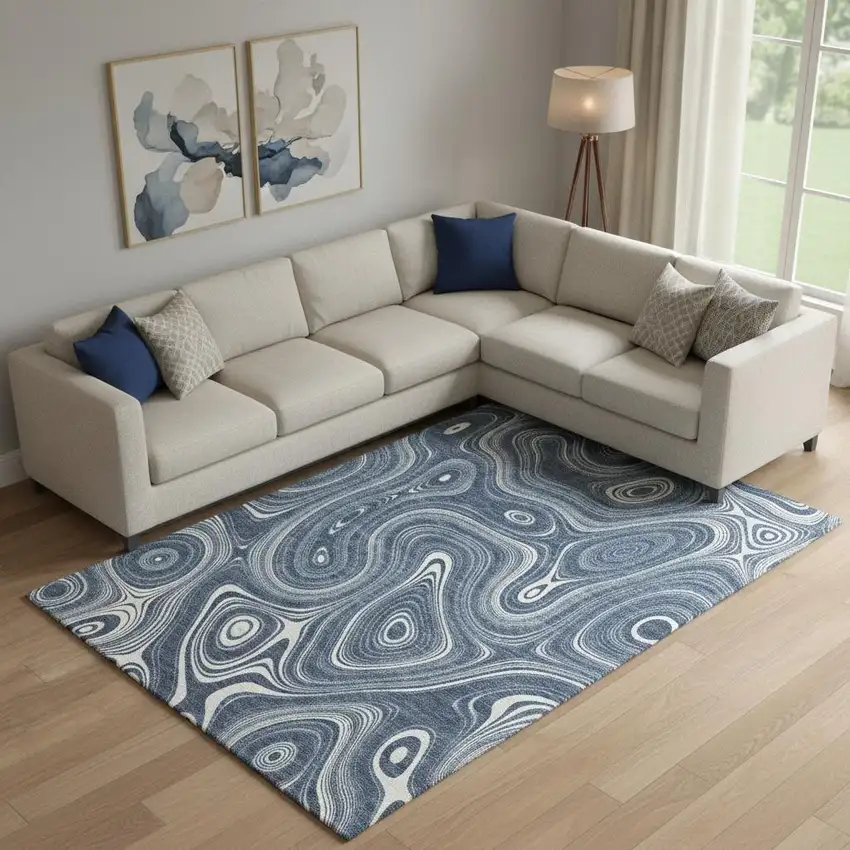 Blue And Ivory Geometric Washable Area Rug With UV Protection Photo 2