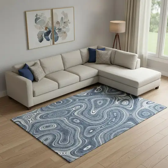 Blue And Ivory Geometric Washable Area Rug With UV Protection Photo 2