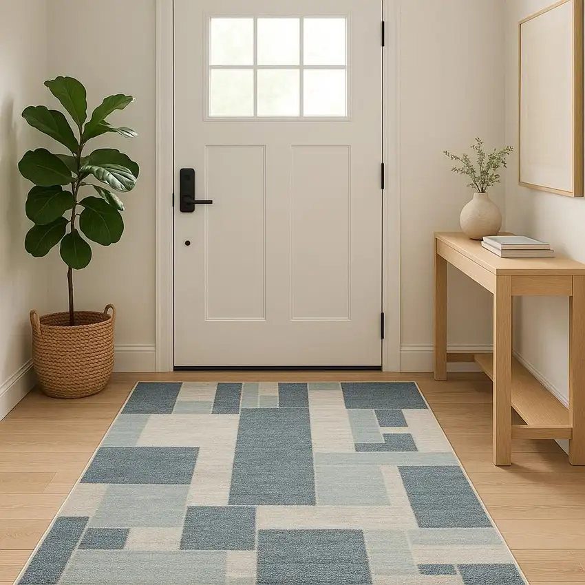 Blue And Ivory Geometric Washable Area Rug Photo 1