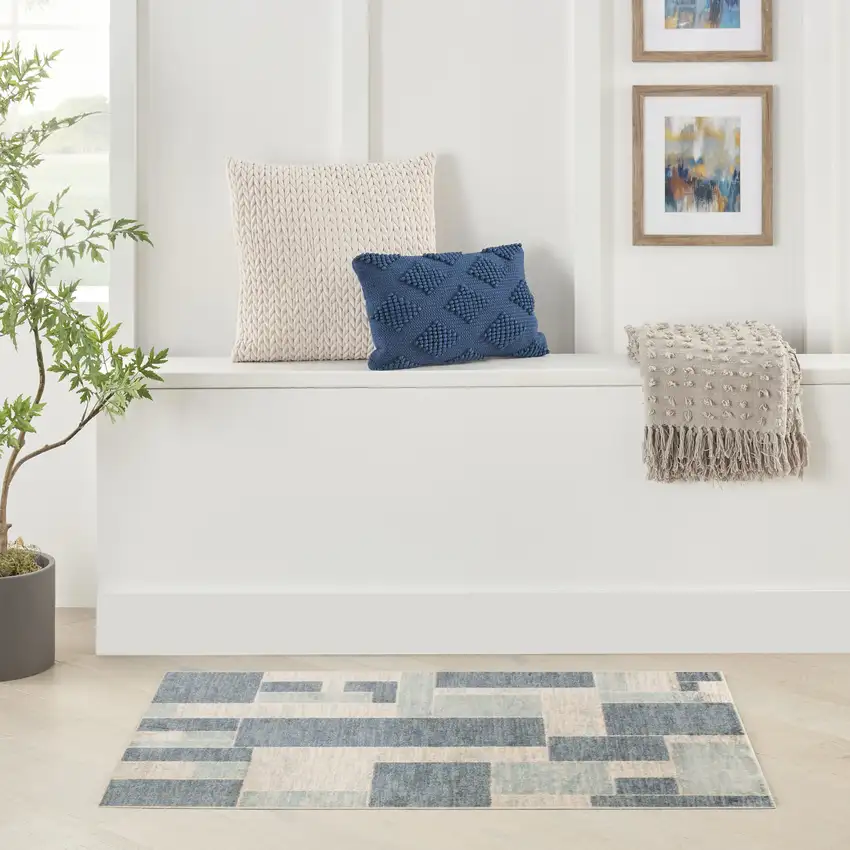 Blue And Ivory Geometric Washable Area Rug Photo 5