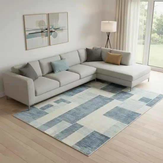 Blue And Ivory Geometric Washable Area Rug Photo 2