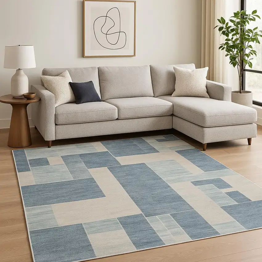 Blue And Ivory Geometric Washable Area Rug Photo 1