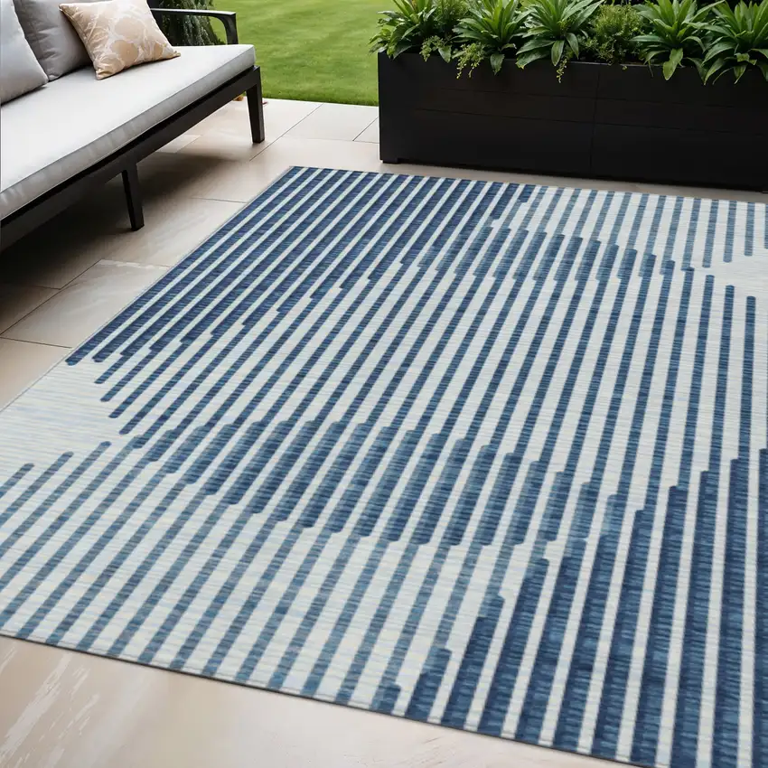 Blue And Ivory Geometric Washable Indoor Outdoor Area Rug Photo 1